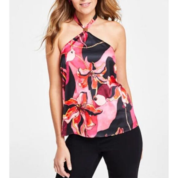 INC International Concepts pink red floral halter top back tie size L boho club - Picture 6 of 15